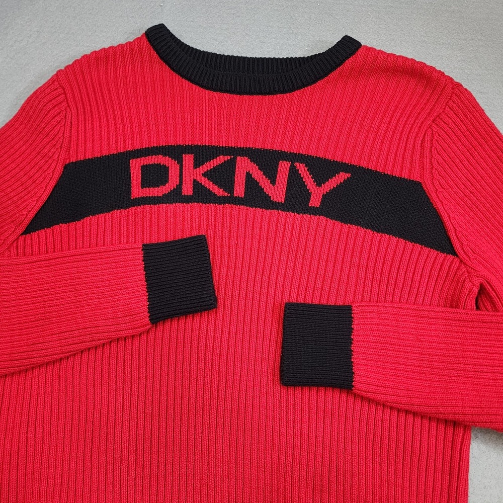 DKNY Sweater Red Black Logo Ribbed Knit Pullover Mens Medium